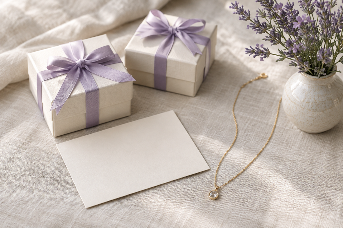 Illustrative friendship jewelry gifts with cream boxes, lavender ribbons, a gold-tone necklace, and flowers.