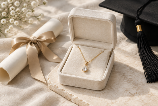 Illustrative gemstone necklace in an ivory gift box beside a rolled diploma and graduation cap.