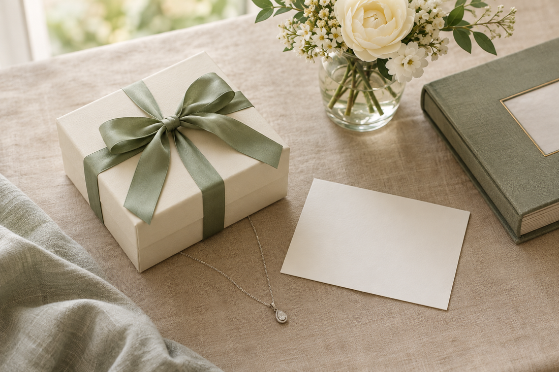 Illustrative jewelry gift for Grandma with a sage-ribbon gift box, silver-tone necklace, cream flowers, and a closed family album.