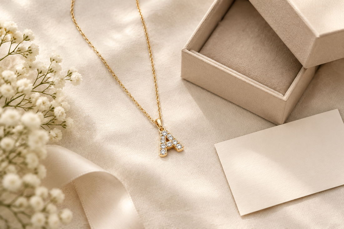Gold-tone sparkling initial A necklace arranged on ivory linen beside a gift box.