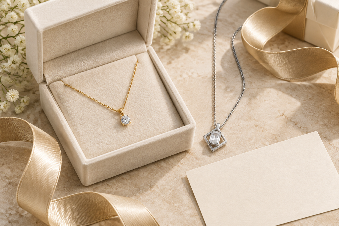 Illustrative gemstone necklaces beside an ivory gift box, champagne ribbon, and blank gift card.