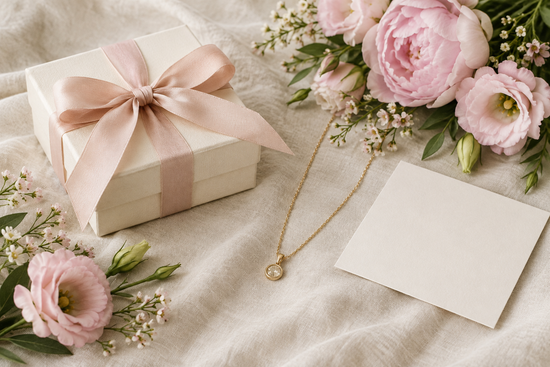 Illustrative jewelry gift for Mom with a cream box, blush ribbon, pale flowers, and a gold-tone necklace.