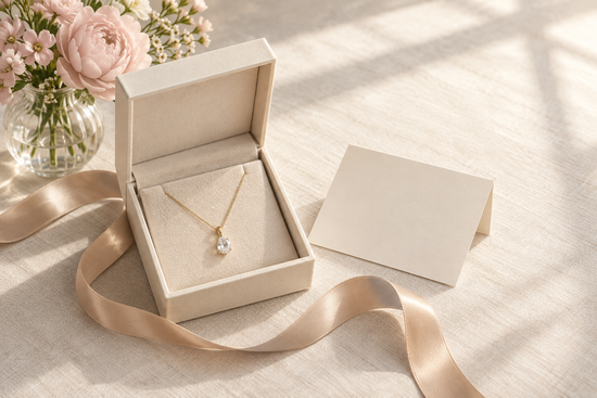 Illustrative gemstone necklace in a cream gift box beside a blank card, ribbon, and pale pink flowers.