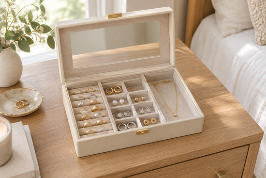 Illustrative cream jewelry organizer with rings, earrings, and a necklace in separate compartments on a dresser.