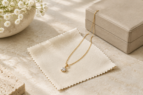 Illustrative gold-tone gemstone necklace on a soft cream cloth beside a jewelry storage box.