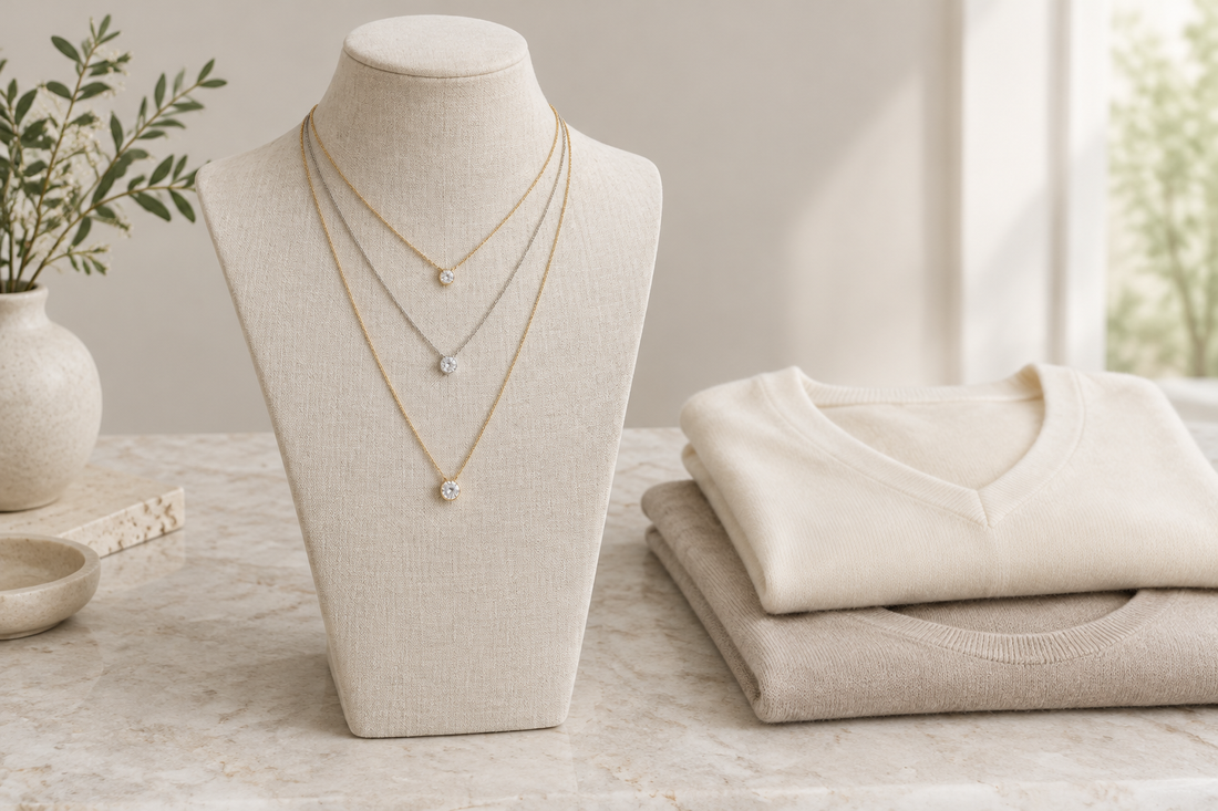 Illustrative necklaces at different lengths on a cream display beside neutral neckline fabrics.