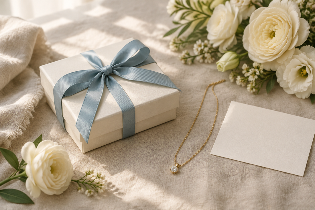 Illustrative new-mom jewelry gift with an ivory box, dusty blue ribbon, a gold-tone necklace, and cream flowers.