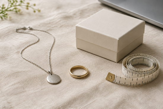 Illustrative necklace and ring beside a measuring tape and cream jewelry box on ivory linen.