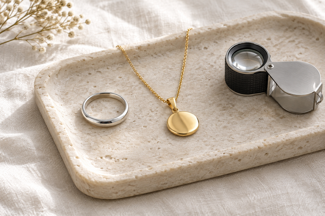 Illustrative silver-tone ring and gold-tone pendant necklace on a cream tray beside a jeweler’s magnifying loupe.