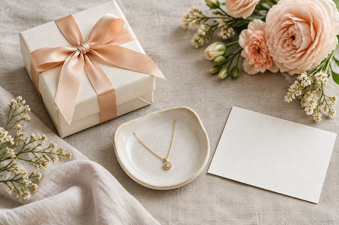 Illustrative necklace gift for a sister with a cream box, peach ribbon, gold-tone pendant, and soft peach flowers.