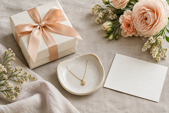 Illustrative necklace gift for a sister with a cream box, peach ribbon, gold-tone pendant, and soft peach flowers.