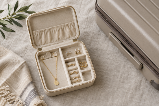 Illustrative cream travel jewelry organizer with necklaces, earrings, and rings separated beside a suitcase.