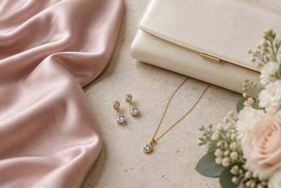 Illustrative wedding guest accessories with gold-tone jewelry, blush satin fabric, and a cream clutch.