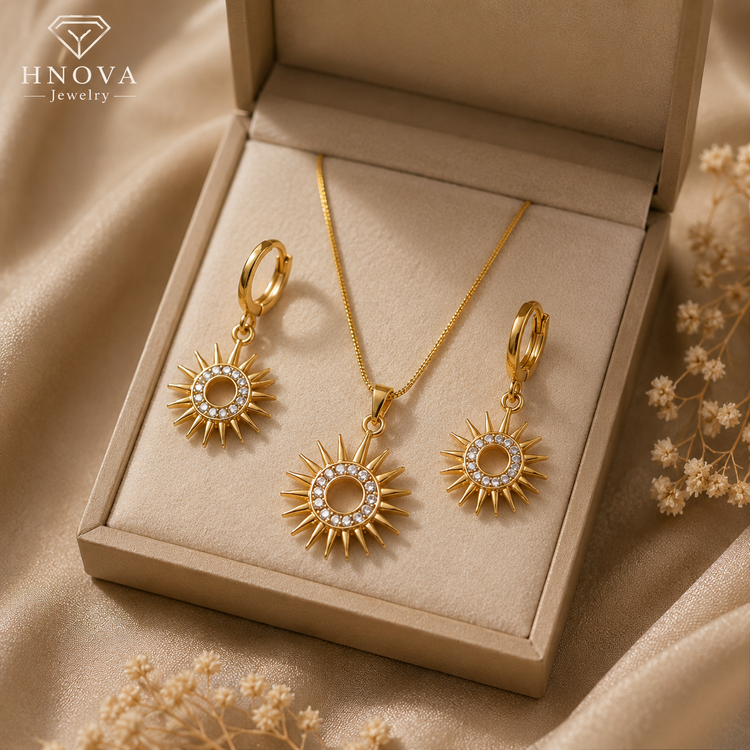 Sun Goddess™ Gold Jewelry Set featuring sunburst pendant necklace and matching earrings in elegant box.