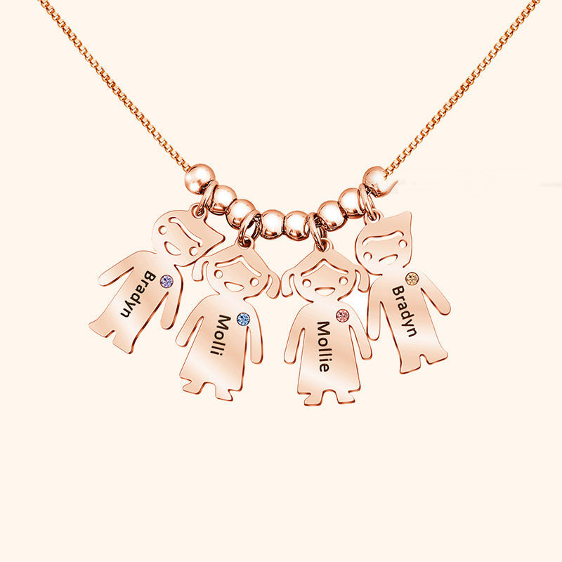 Personalized kids name necklace with engraved doll pendants featuring names of children.