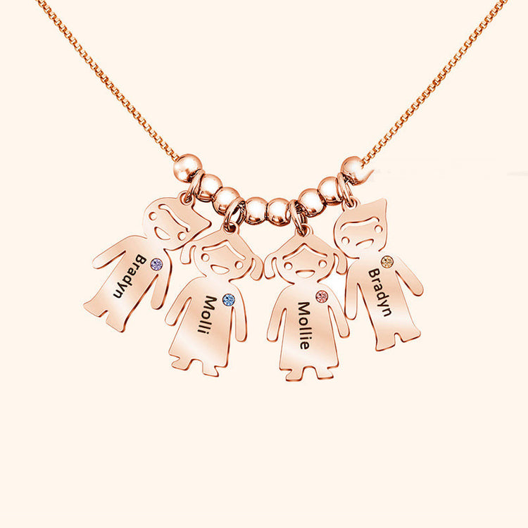 Personalized kids name necklace with engraved doll pendants featuring names of children.