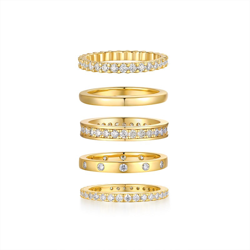 Golden Stars moissanite ring set featuring S925 sterling silver and gold-plated design for luxurious elegance.