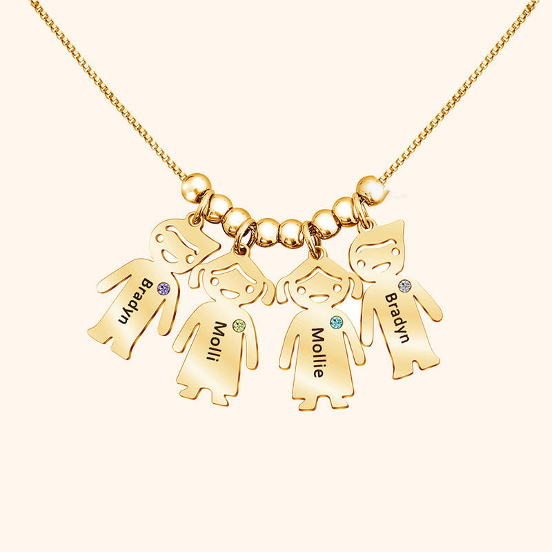 Custom doll pendant necklace featuring personalized kids name necklace for mothers and grandmothers.