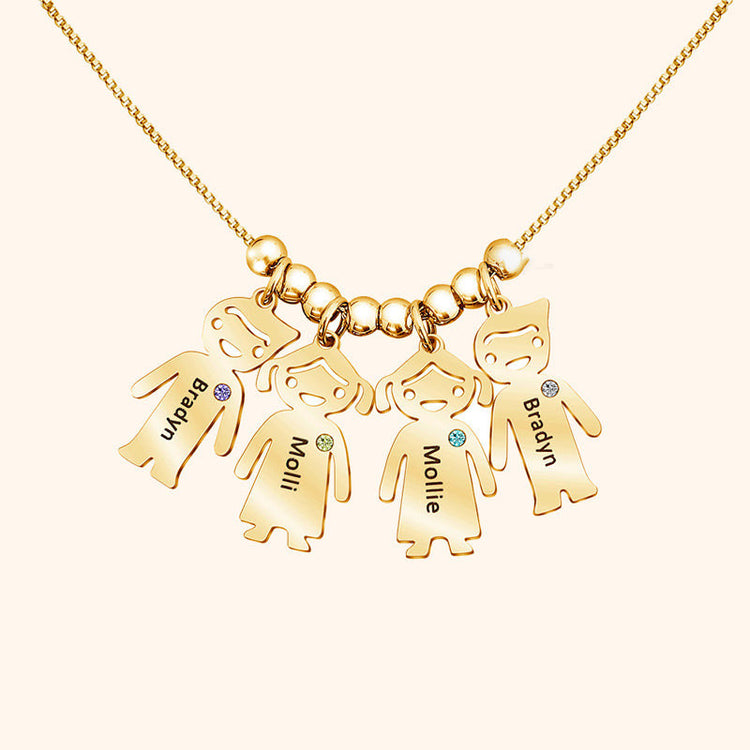 Custom doll pendant necklace featuring personalized kids name necklace for mothers and grandmothers.
