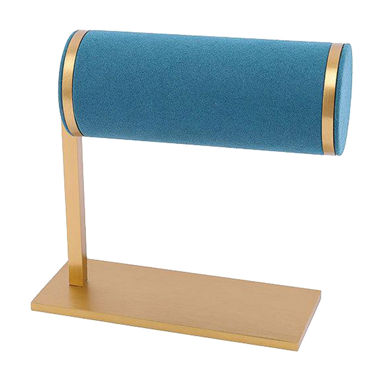 jewelry watch display stand in stylish design with metal base and blue fabric.