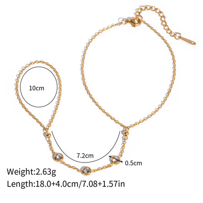 Gold hand chain bracelet dimensions and details, featuring a dainty design with beaded embellishments.