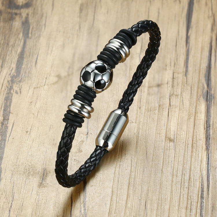 titanium steel football bracelet featuring a soccer ball design on a braided black band.