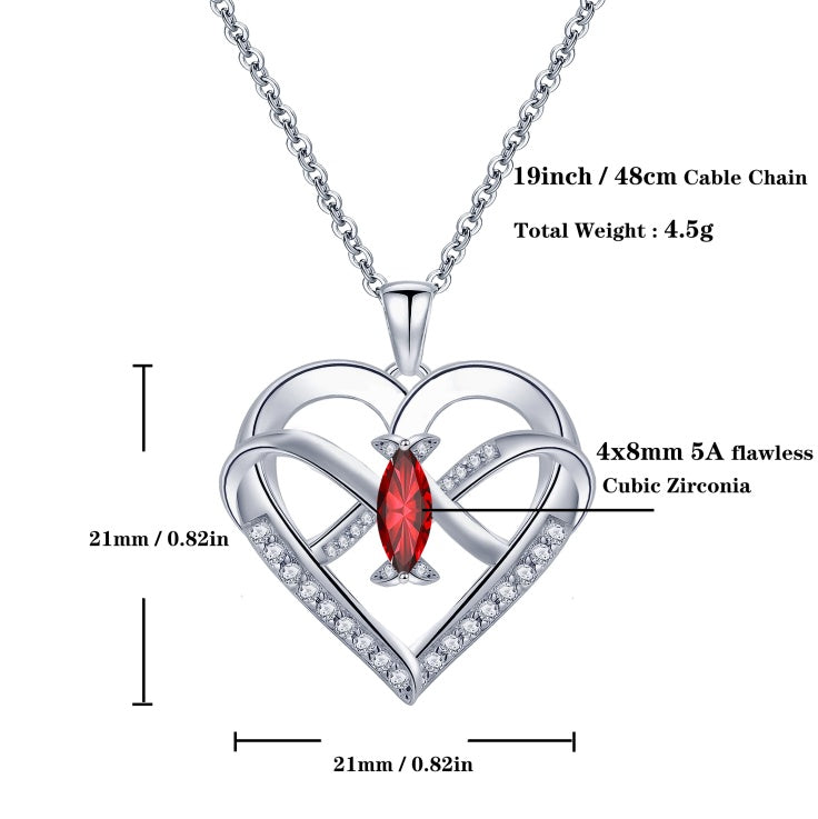 Infinity Butterfly Heart Necklace: 14K White Gold Plated with Red Cubic Zirconia, 19-inch chain, elegant design.