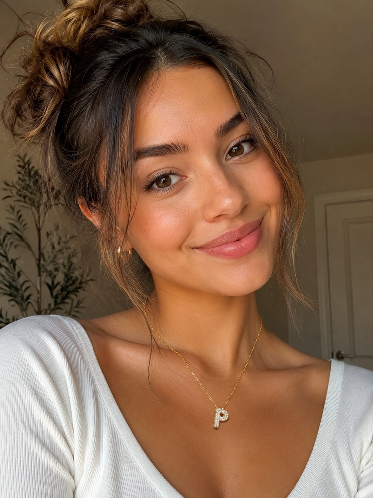 Smiling woman wearing a Personalized Moissanite Initial Necklace with gold-plated S925 silver and bubble letter design.