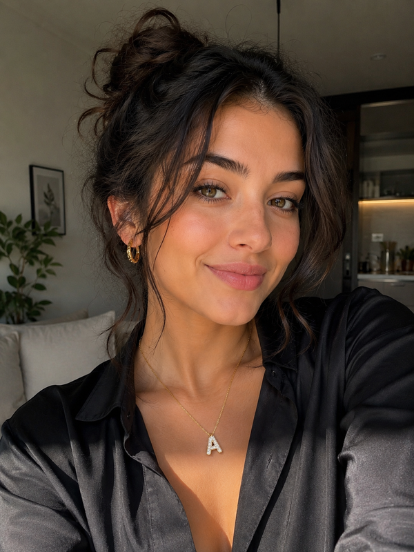 Personalized moissanite initial necklace showcased on a model wearing a black shirt, smiling with natural makeup.