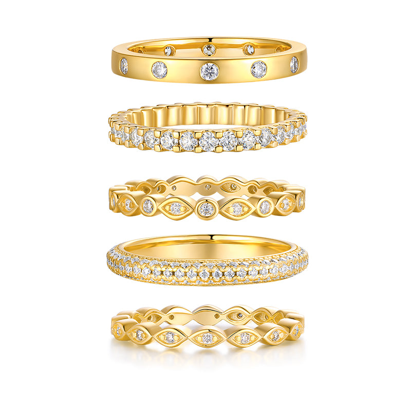 Moissanite wedding ring set featuring elegant gold-plated designs with sparkling stones for couples.