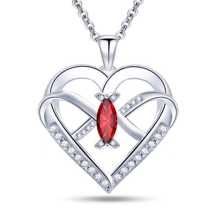 Infinity Butterfly Heart Necklace showcasing a heart design with a red stone and sparkling stones, symbolizing love.