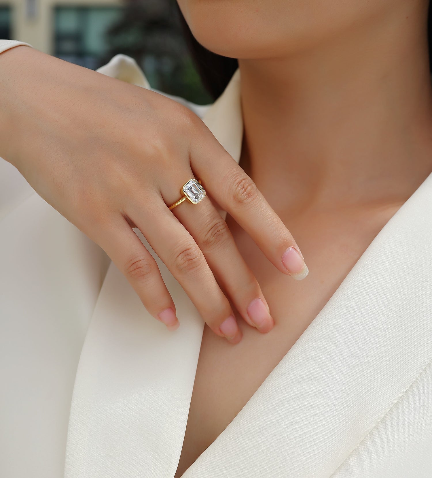 Luxury Moissanite Ring Set worn by a woman, featuring a dazzling octagonal cut stone in S925 sterling silver gold plating.