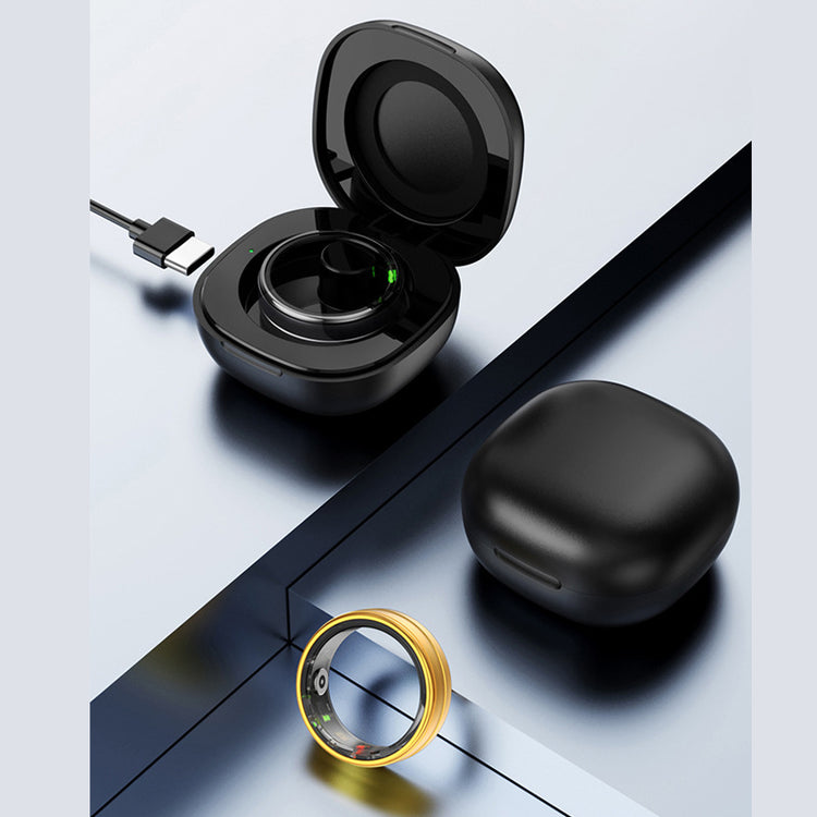 R6 Smart Health Ring Monitor charging in a sleek black case, showcasing advanced health tracking technology.