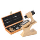 Diamond Identification Tool Set with magnifier, tweezers, and wooden case for professional jewelry inspection.