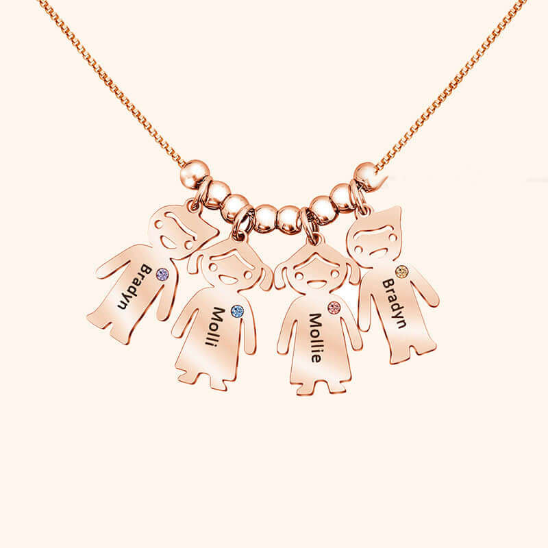 Custom Doll Diamond Engraved Kids Name Necklace – Personalized Family Love Pendant featuring multiple names on a doll-style pendant.