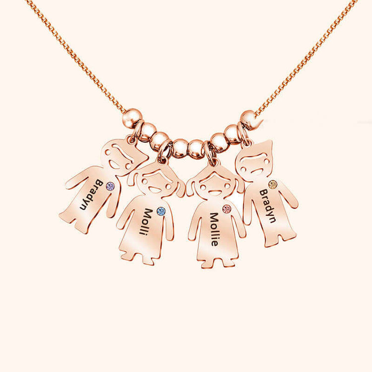 Custom Doll Diamond Engraved Kids Name Necklace – Personalized Family Love Pendant featuring multiple names on a doll-style pendant.