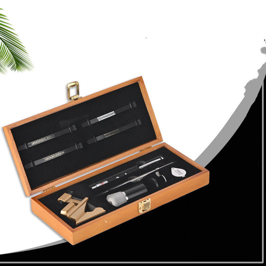 Diamond Identification Tool Set in a wooden case featuring tools for gemstone inspection and jewelry examination.