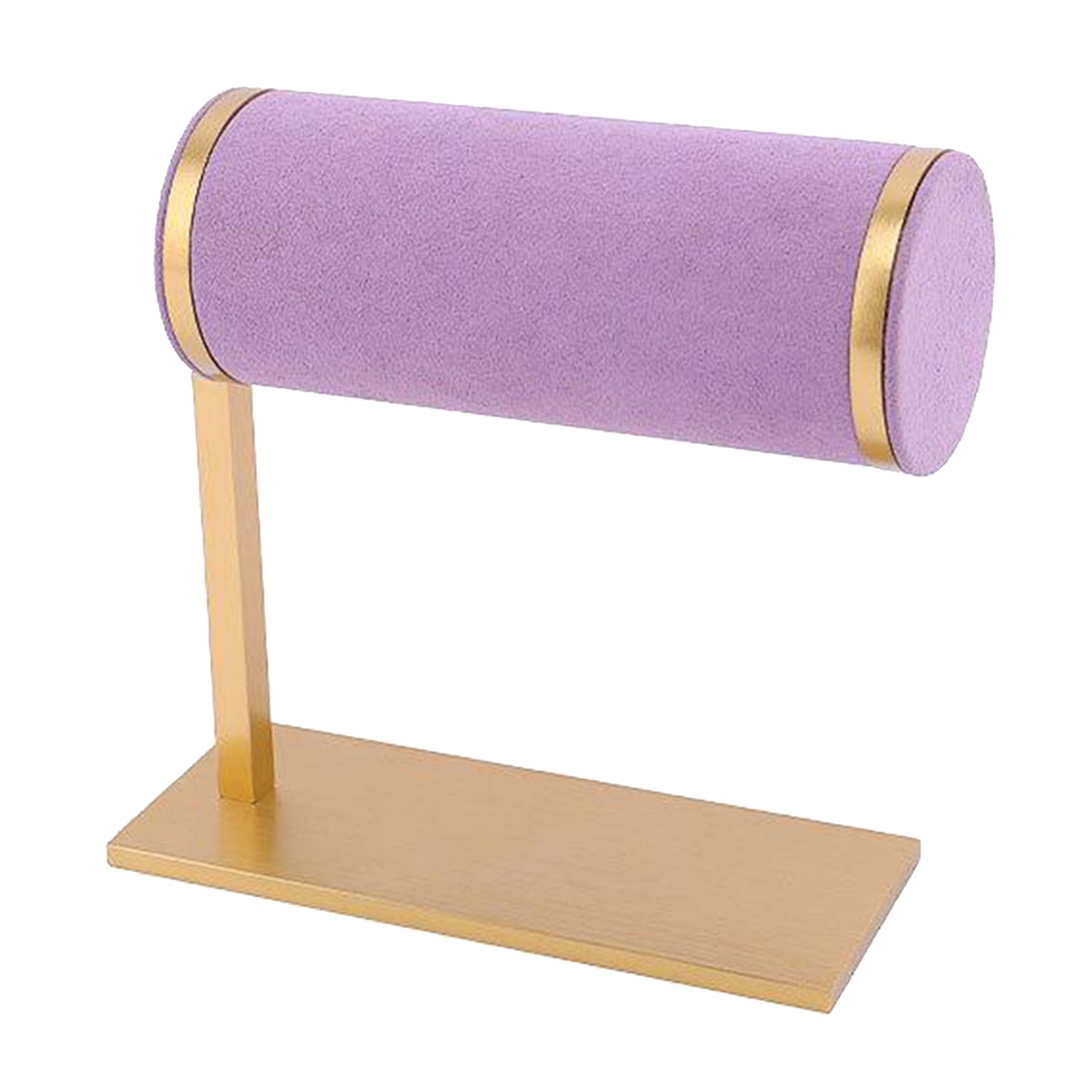 Jewelry watch display stand featuring a stylish purple faux suede cushion and a gold metal base for showcasing watches.