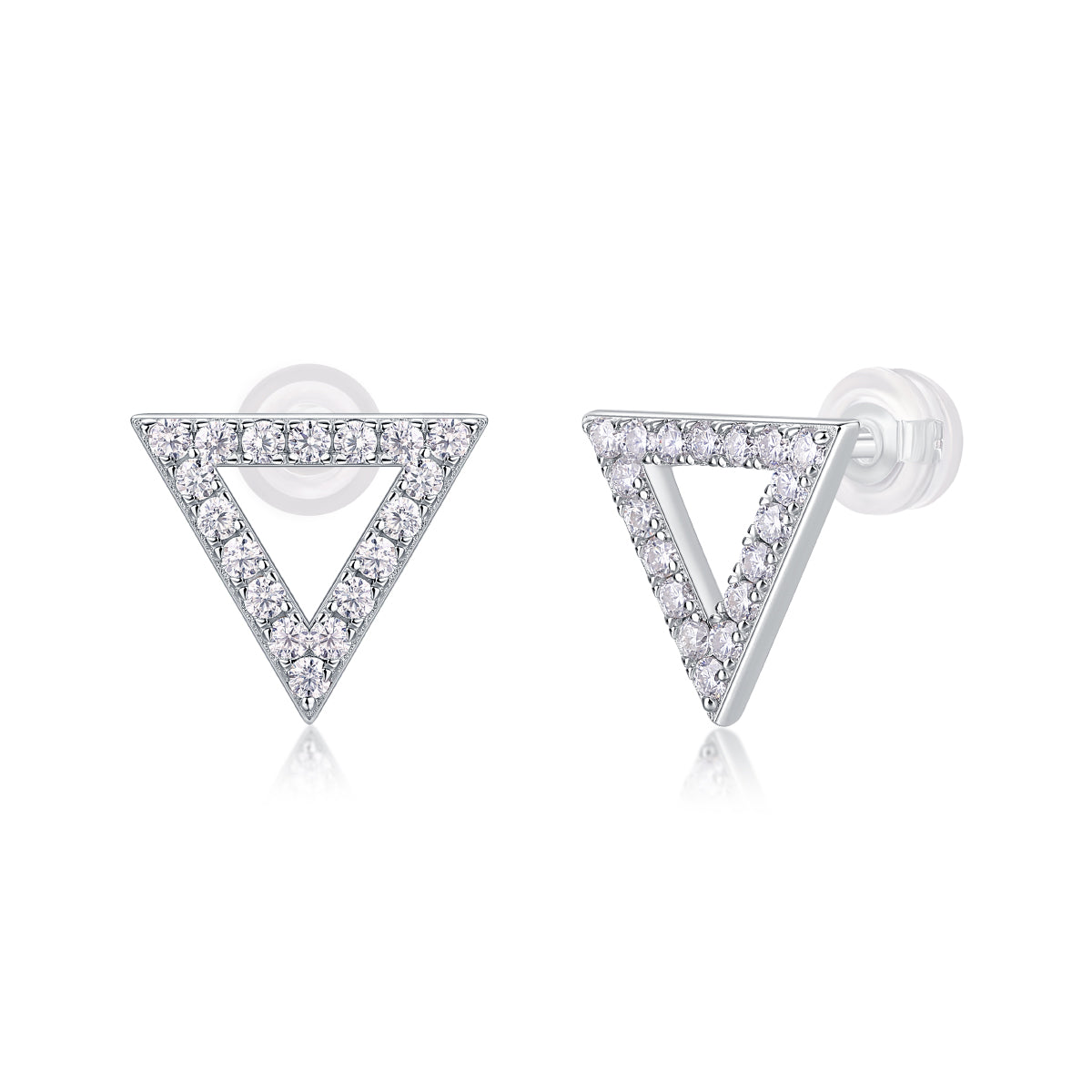 Moissanite earrings set featuring stunning triangular sterling silver studs with sparkling accents.