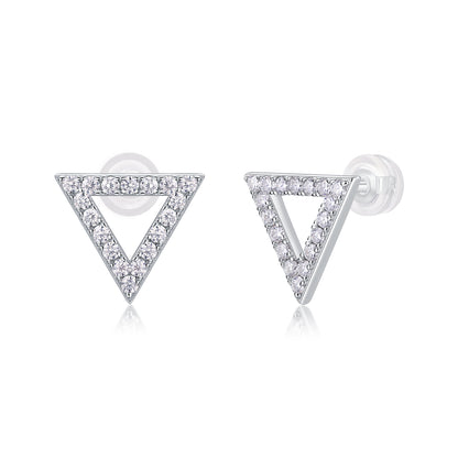 Moissanite earrings set featuring stunning triangular sterling silver studs with sparkling accents.