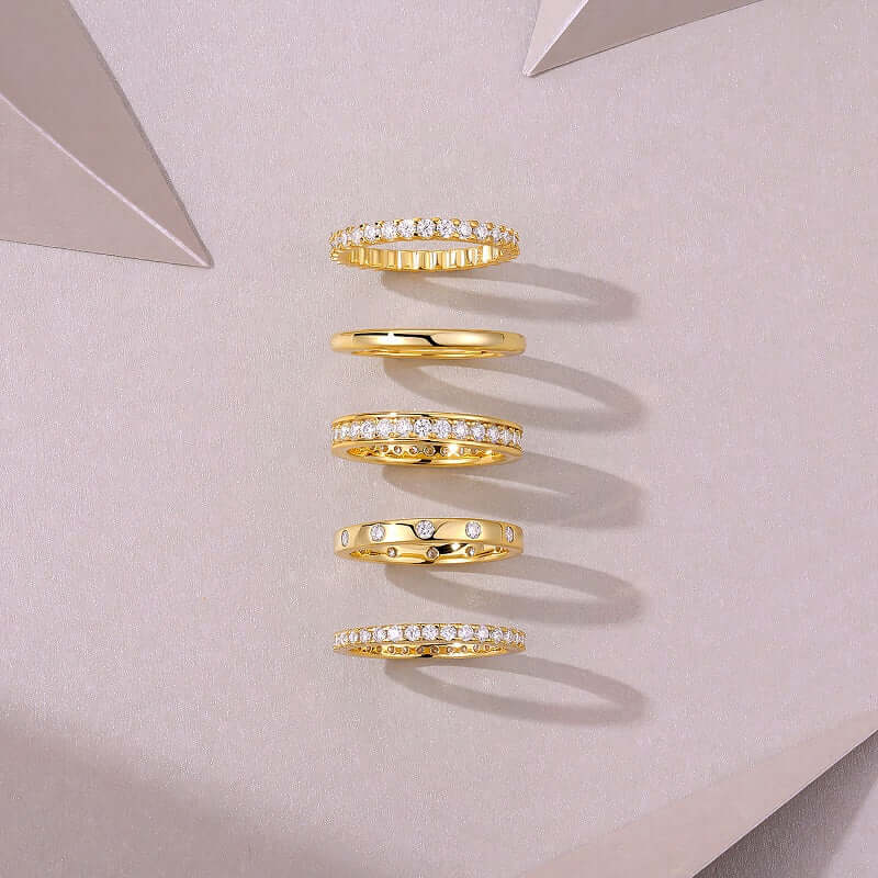 Golden Stars Moissanite Ring Set – S925 Sterling Silver Gold-Plated Jewelry stacked rings in gold with sparkling moissanite accents.