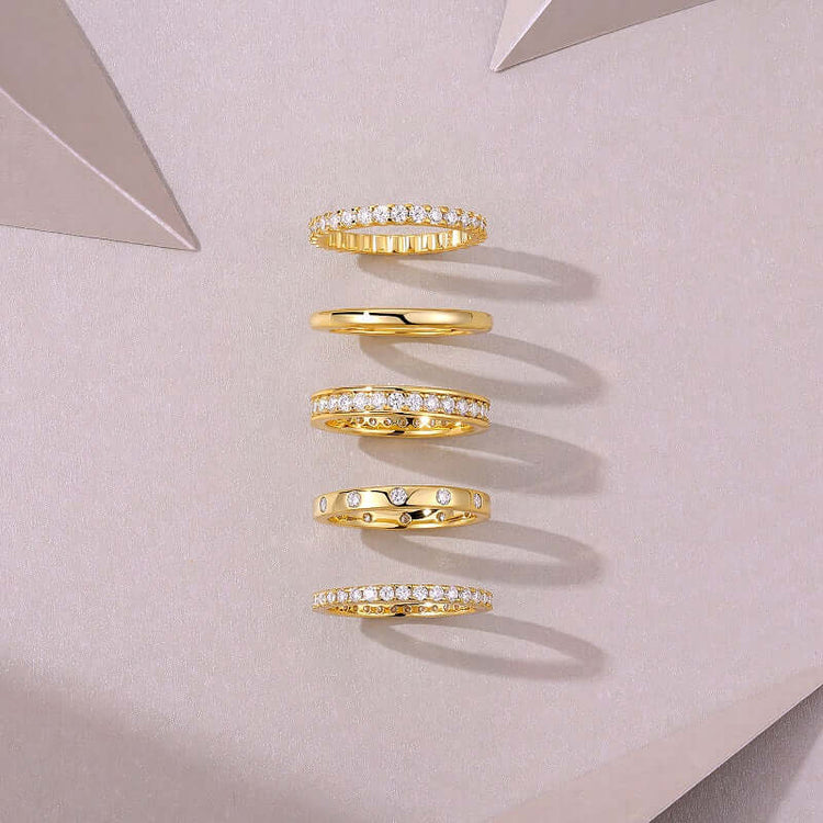 Golden Stars Moissanite Ring Set – S925 Sterling Silver Gold-Plated Jewelry stacked rings in gold with sparkling moissanite accents.