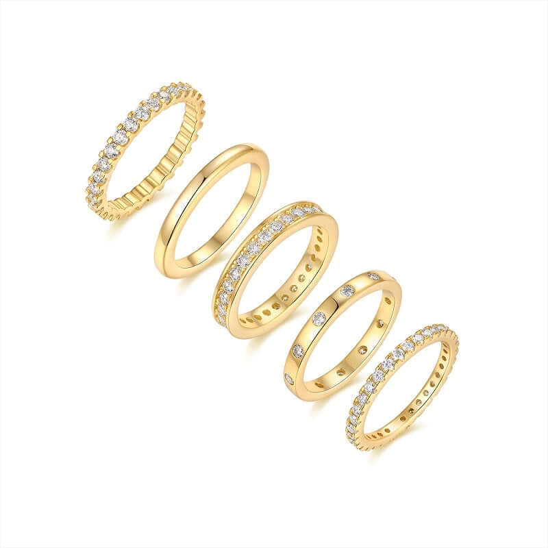 Golden Stars Moissanite Ring Set – S925 Sterling Silver Gold-Plated Jewelry featuring five elegant gold rings.