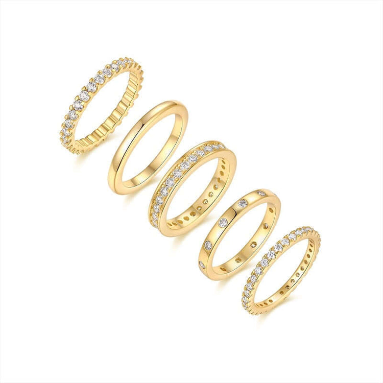 Golden Stars Moissanite Ring Set – S925 Sterling Silver Gold-Plated Jewelry featuring five elegant gold rings.